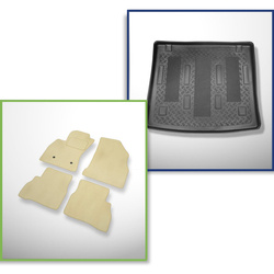Set: Teppiche aus Velours + Kofferraumschale für Fiat Doblo II (2010-2022) 5 Türen - Standard - 7 Sitze (Löcher für Befestigungen der 3. Sitzreihe ausschneidbar)