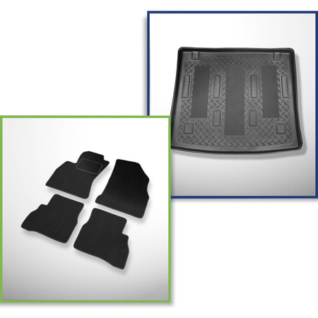 Set: Teppiche aus Velours + Kofferraumschale für Fiat Doblo II (2010-2022) 5 Türen - Standard - 7 Sitze (Löcher für Befestigungen der 3. Sitzreihe ausschneidbar)